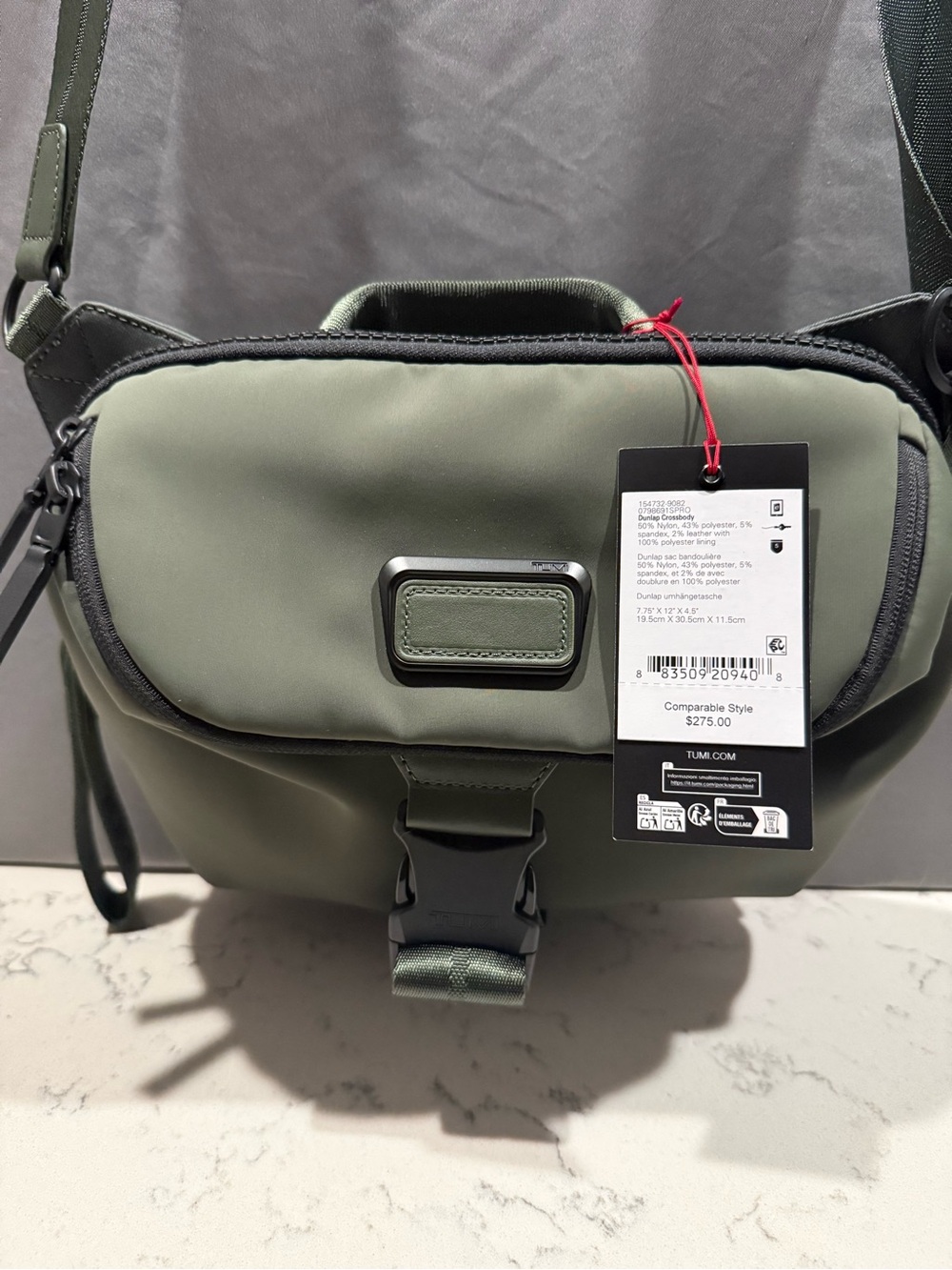 Tumi Olive Green Belt Sling Bag with Black Trim
